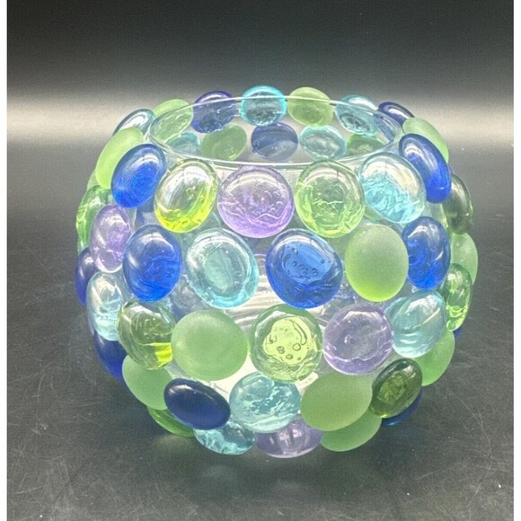 VTG Libbey PURPLE BLUE GREEN Decorative Stones On Glass Candle Votive Holders-2 - Picture 2 of 10